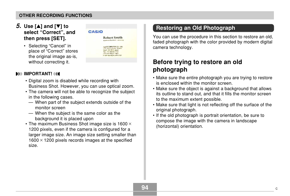 Restoring an old photograph, Before trying to restore an old photograph | Casio EX-s600 User Manual | Page 94 / 245