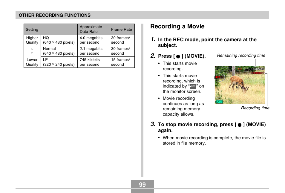Recording a movie, Recording a movie 1 | Casio EX-s600 User Manual | Page 99 / 245