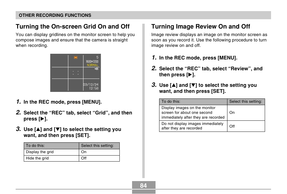 Turning image review on and off, Turning the on-screen grid on and off | Casio EX-Z4 2 User Manual | Page 26 / 29