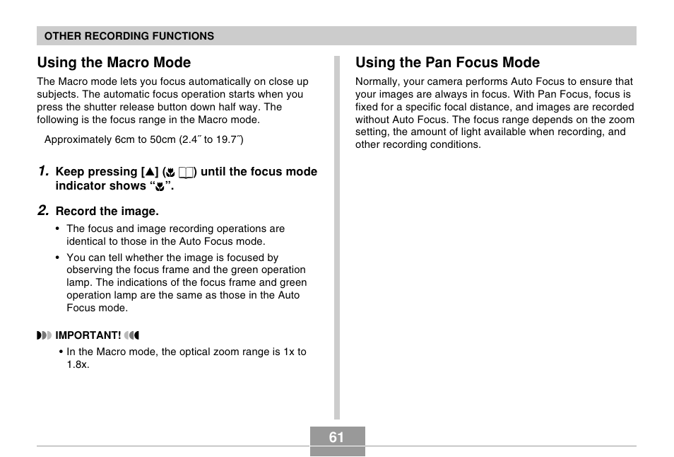 Using the macro mode, Using the pan focus mode | Casio EX-Z4 2 User Manual | Page 3 / 29