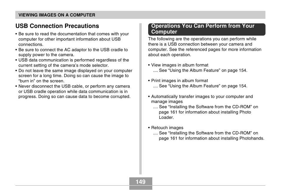 149 usb connection precautions | Casio EX-Z4 5 User Manual | Page 29 / 61