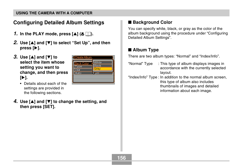156 configuring detailed album settings 1 | Casio EX-Z4 5 User Manual | Page 36 / 61