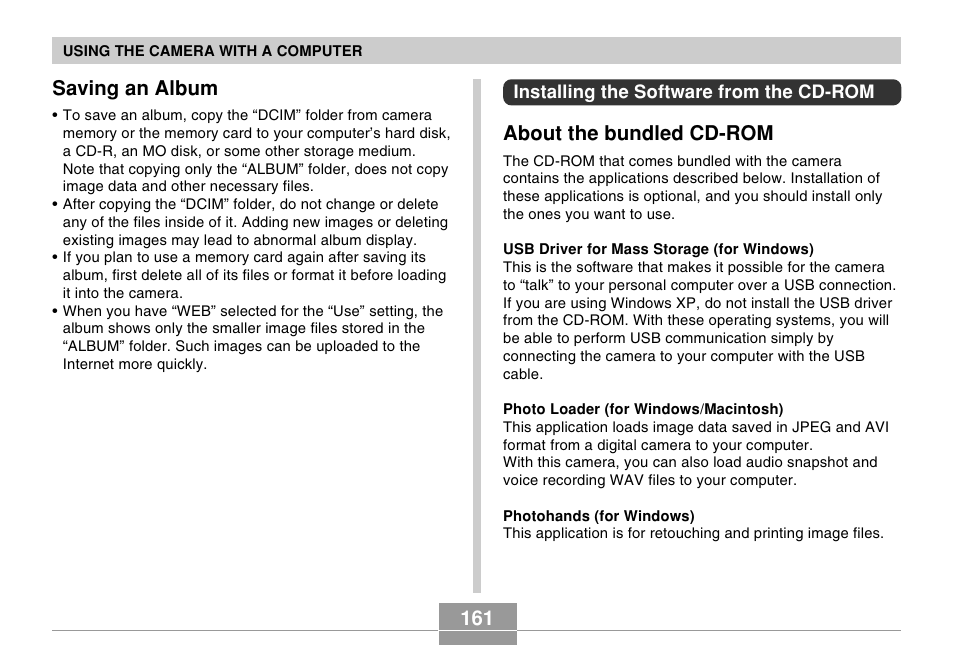161 saving an album, About the bundled cd-rom | Casio EX-Z4 5 User Manual | Page 41 / 61