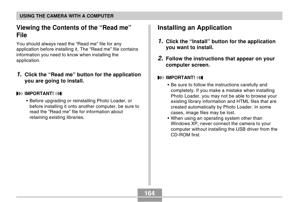 164 viewing the contents of the “read me” file, Installing an application 1 | Casio EX-Z4 5 User Manual | Page 44 / 61