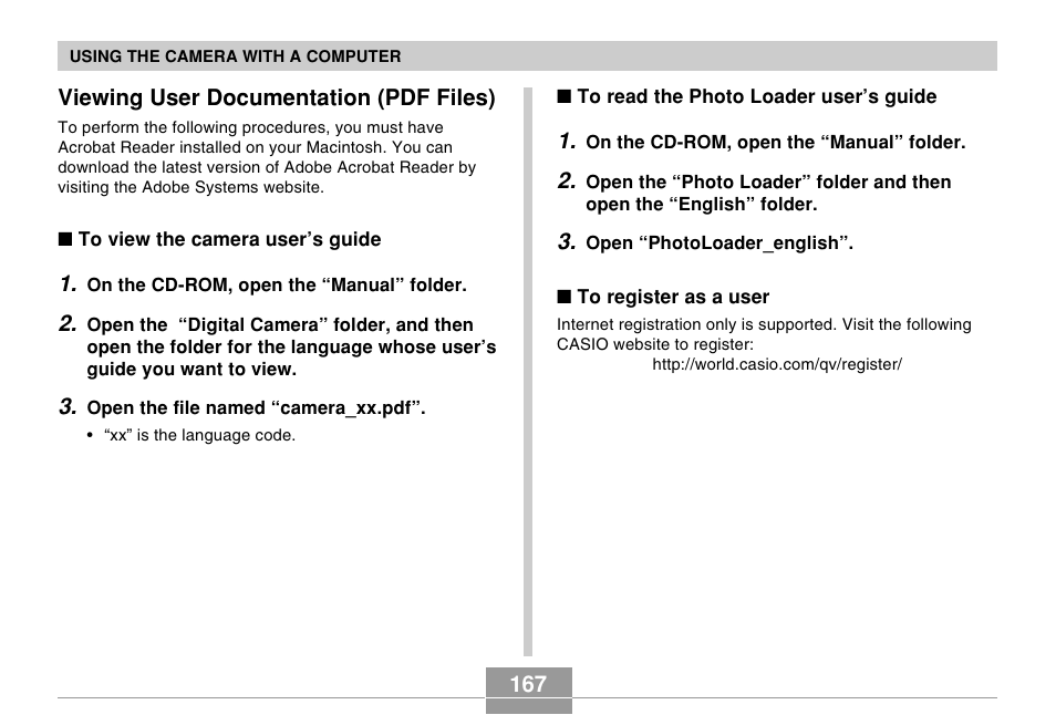 167 viewing user documentation (pdf files) | Casio EX-Z4 5 User Manual | Page 47 / 61