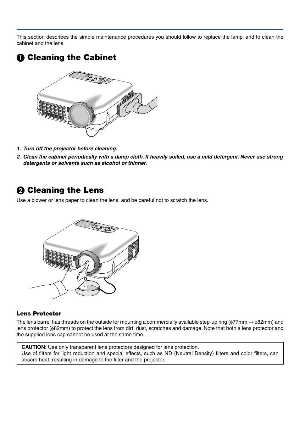 Cleaning the cabinet, Cleaning the lens | Dukane 8761A User Manual | Page 19 / 30