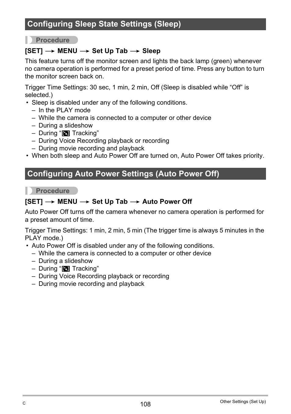 Configuring sleep state settings (sleep), Configuring auto power settings (auto power off) | Casio EX-Z690 User Manual | Page 108 / 138