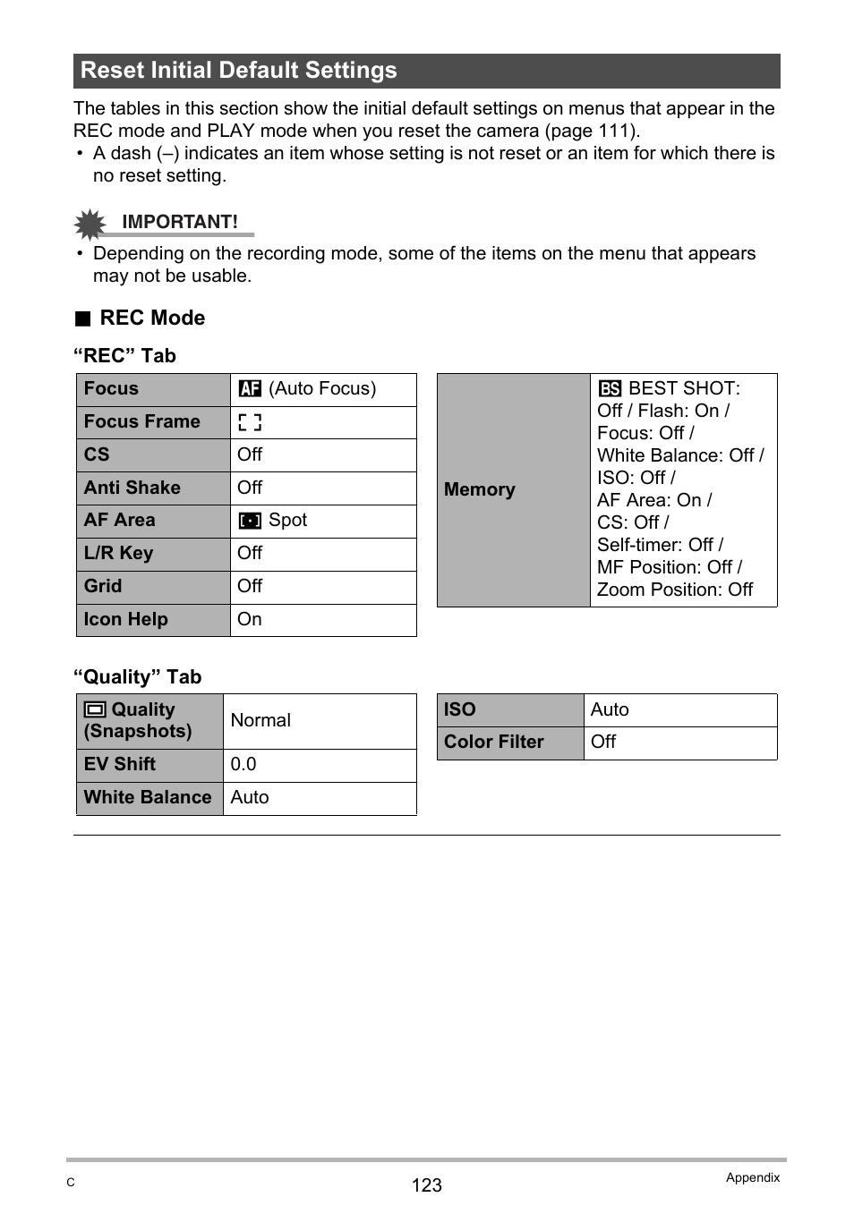 Reset initial default settings | Casio EX-Z690 User Manual | Page 123 / 138