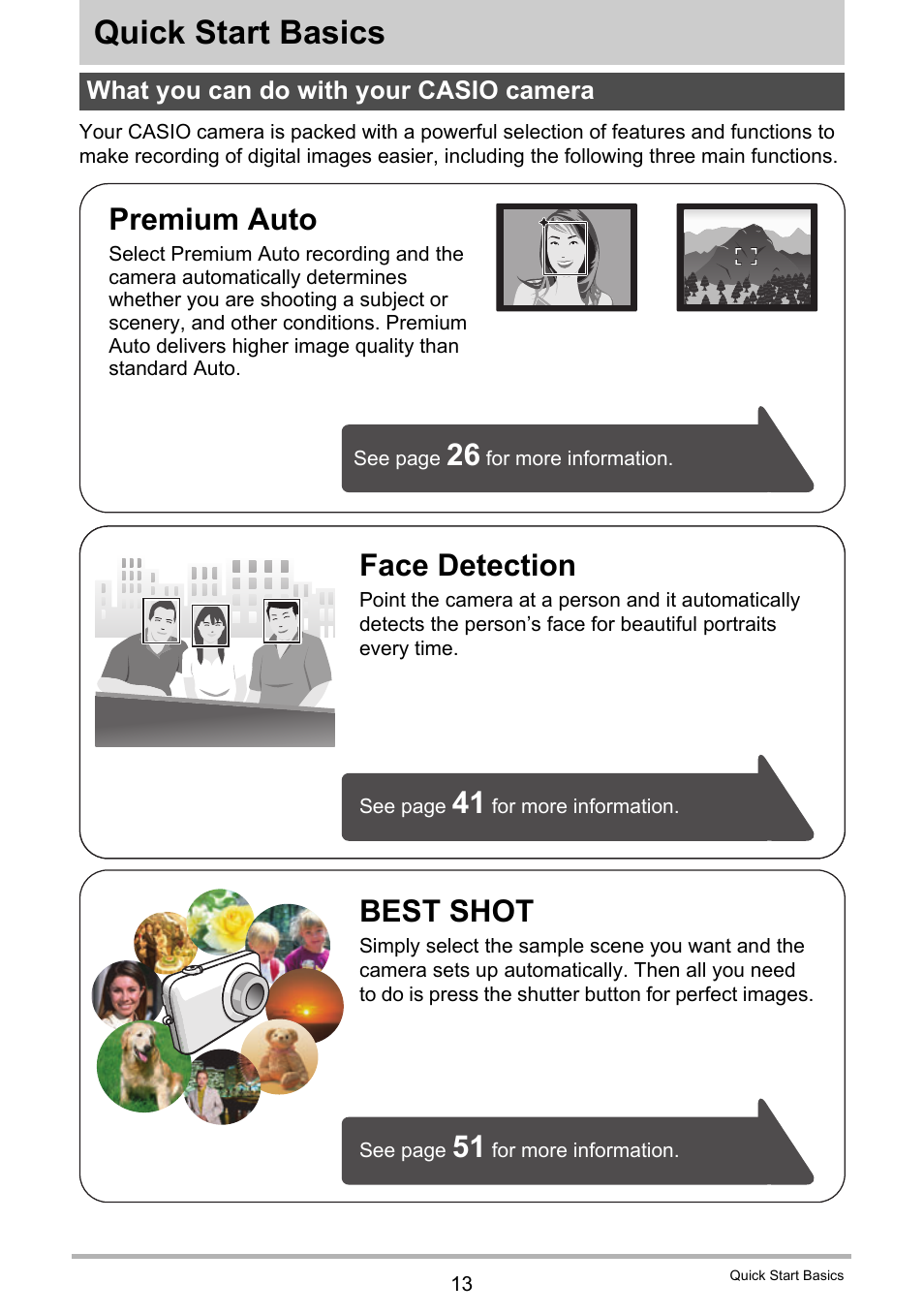 Quick start basics, What you can do with your casio camera, Best shot | Face detection, Premium auto | Casio EX-Z690 User Manual | Page 13 / 138