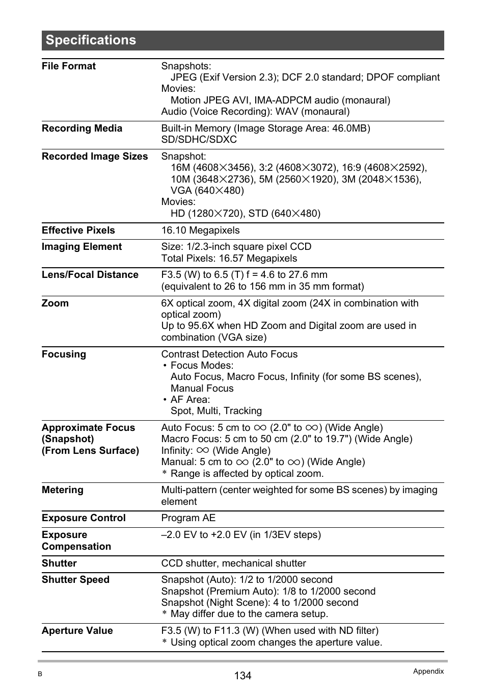 Specifications | Casio EX-Z690 User Manual | Page 134 / 138