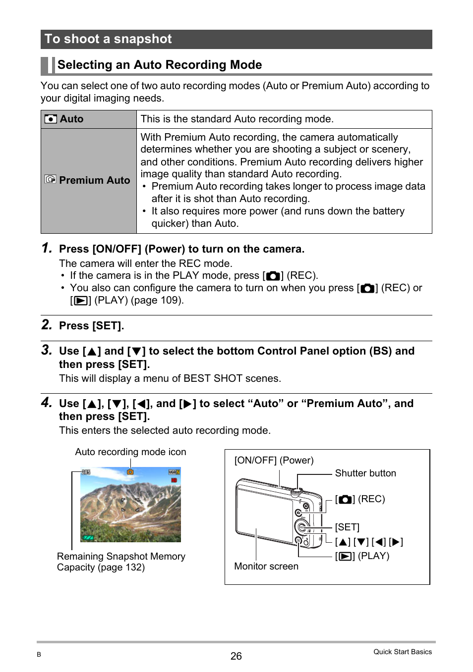 To shoot a snapshot, Selecting an auto recording mode | Casio EX-Z690 User Manual | Page 26 / 138