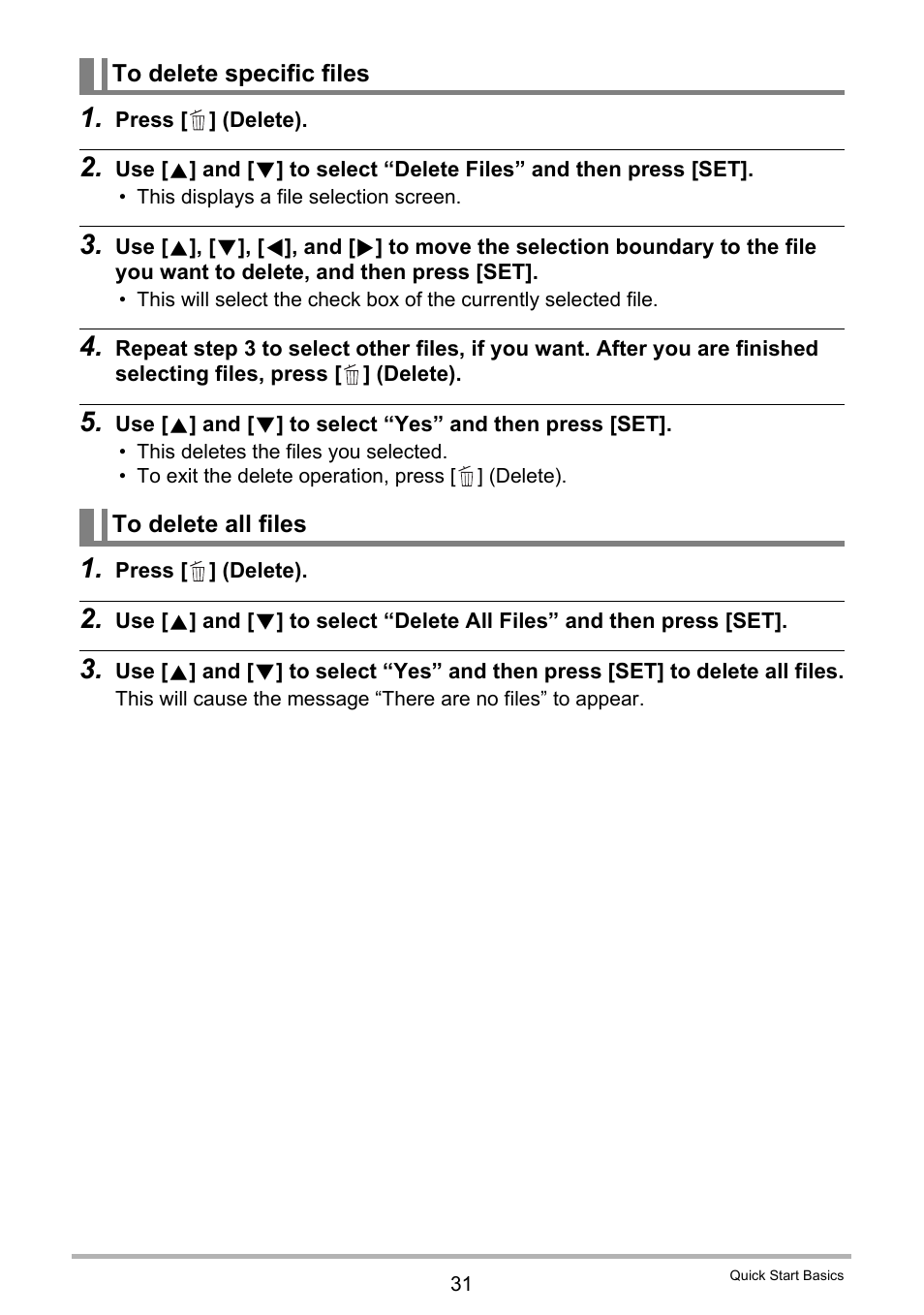 To delete specific files, To delete all files | Casio EX-Z690 User Manual | Page 31 / 138