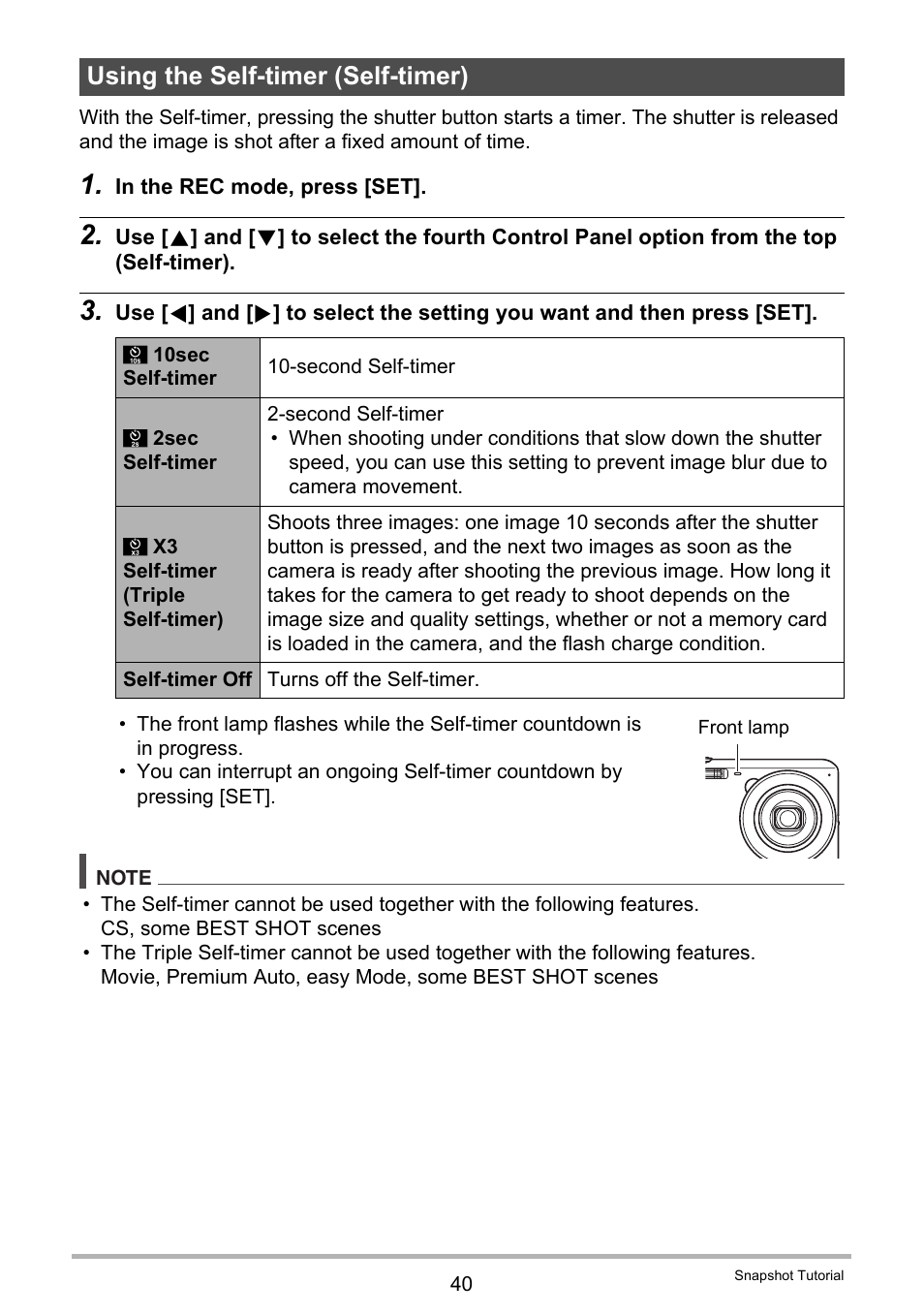 Using the self-timer (self-timer) | Casio EX-Z690 User Manual | Page 40 / 138
