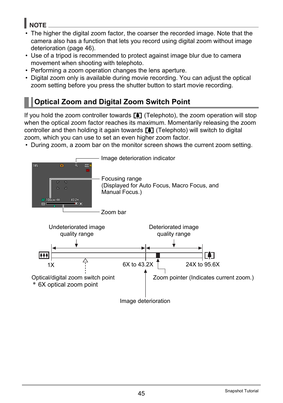 Optical zoom and digital zoom switch point | Casio EX-Z690 User Manual | Page 45 / 138