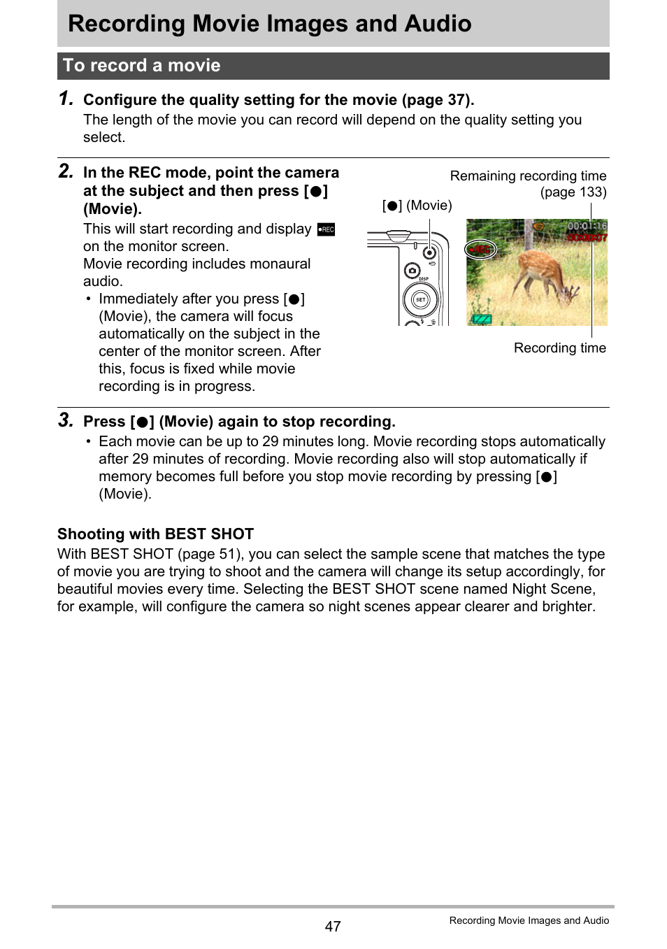 Recording movie images and audio, To record a movie | Casio EX-Z690 User Manual | Page 47 / 138