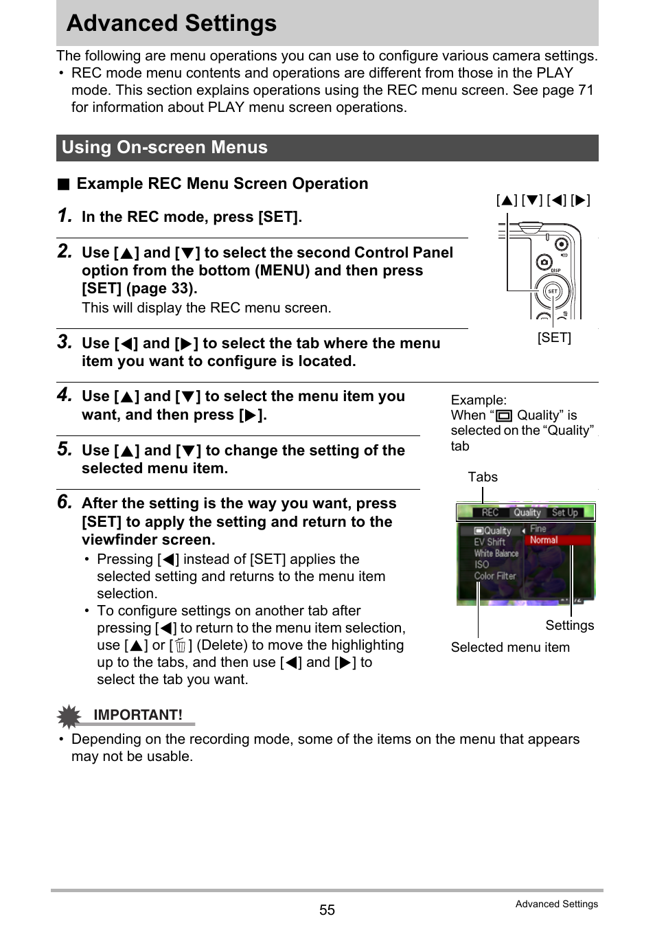 Advanced settings, Using on-screen menus | Casio EX-Z690 User Manual | Page 55 / 138