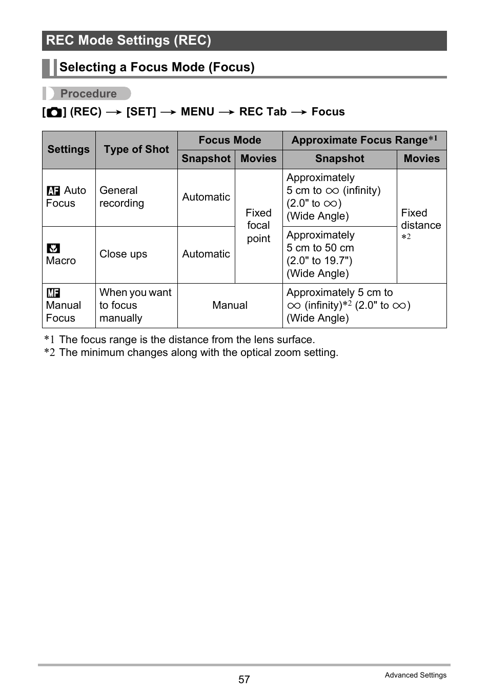 Rec mode settings (rec), Selecting a focus mode (focus) | Casio EX-Z690 User Manual | Page 57 / 138