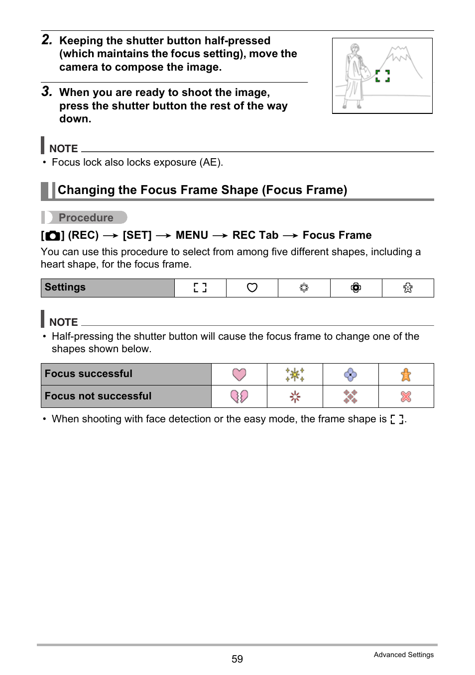 Changing the focus frame shape (focus frame) | Casio EX-Z690 User Manual | Page 59 / 138