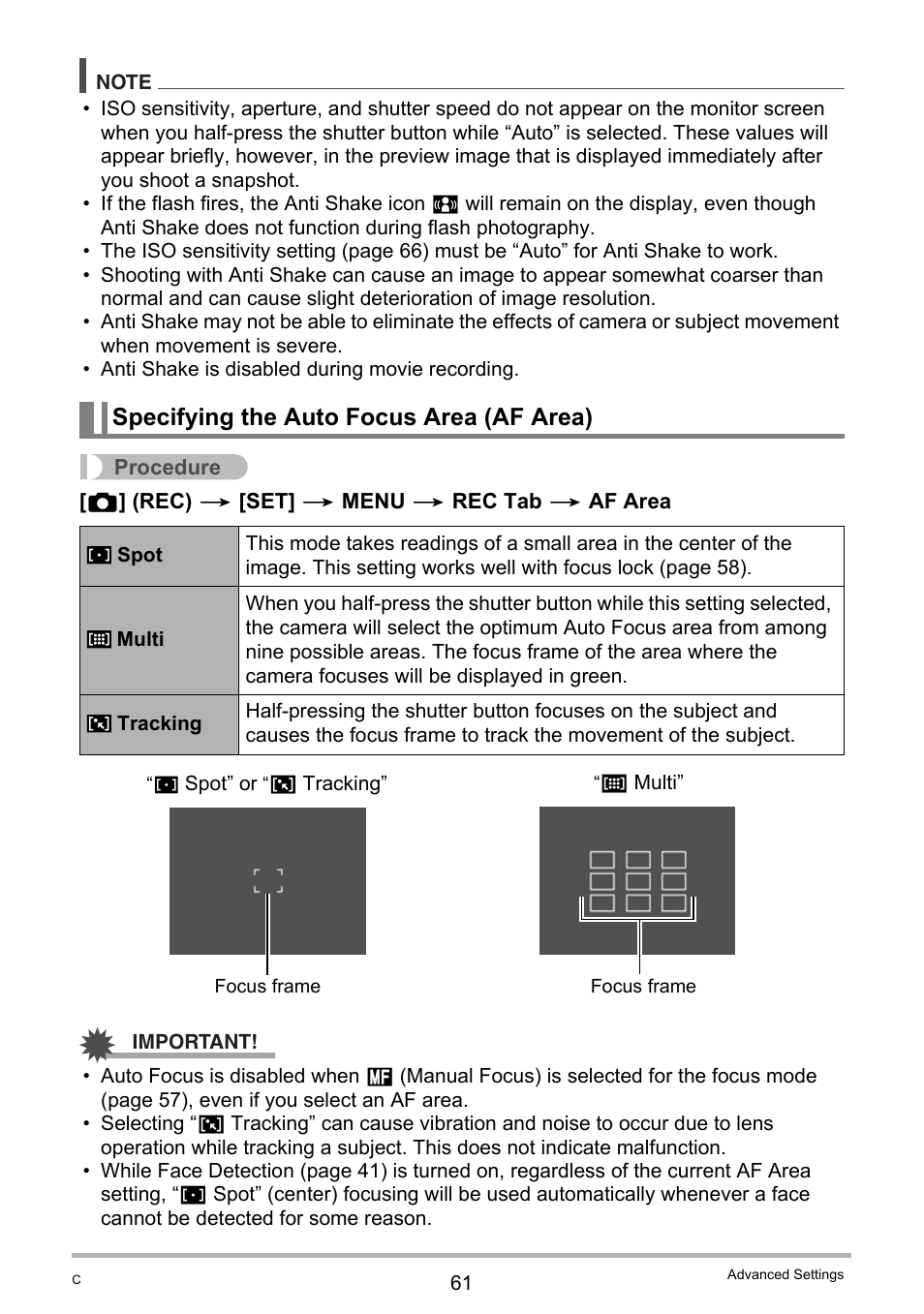 Specifying the auto focus area (af area) | Casio EX-Z690 User Manual | Page 61 / 138