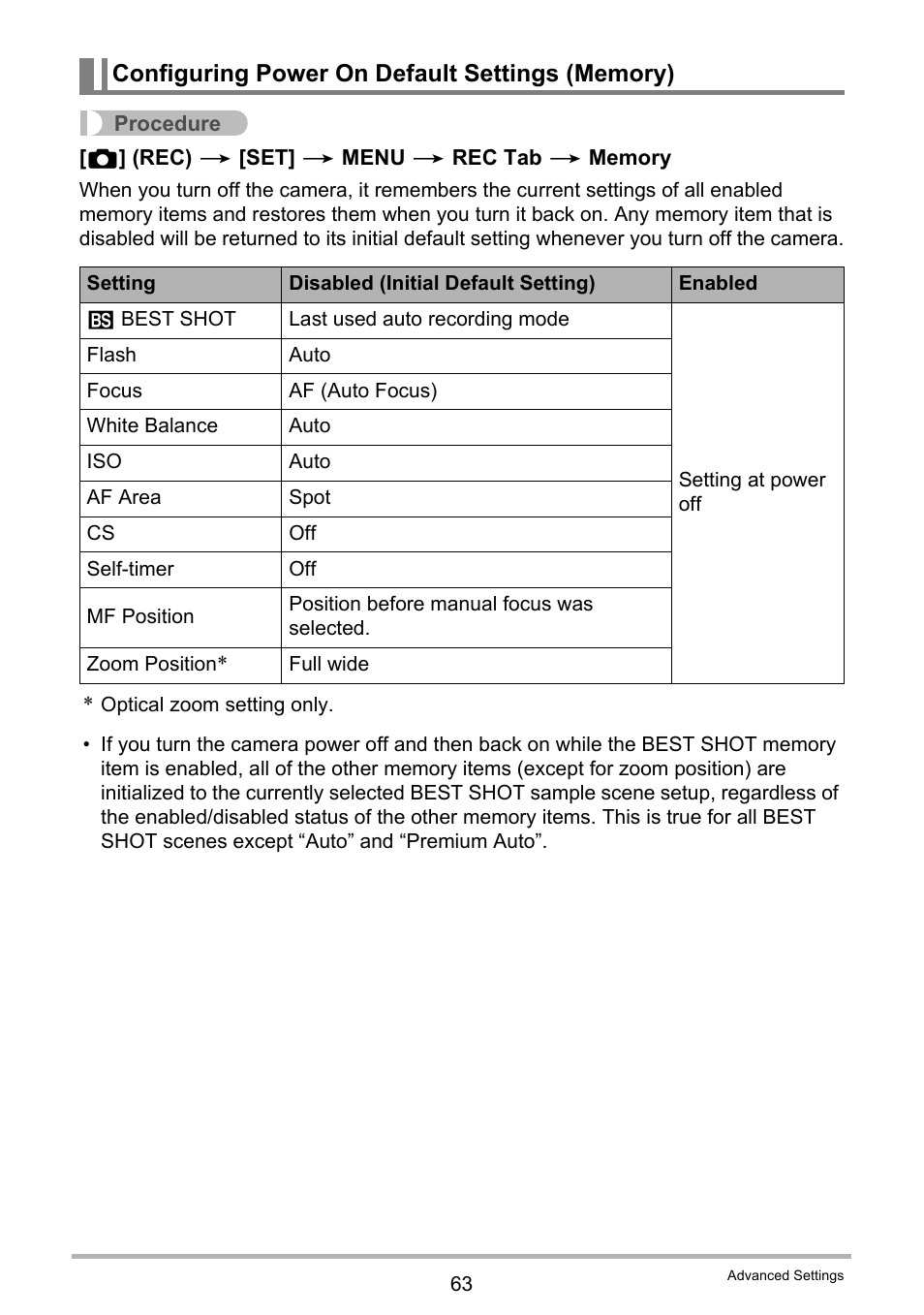 Configuring power on default settings (memory) | Casio EX-Z690 User Manual | Page 63 / 138