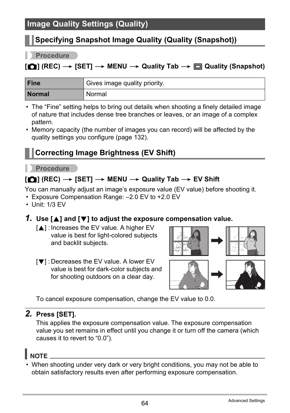 Image quality settings (quality), Correcting image brightness (ev shift) | Casio EX-Z690 User Manual | Page 64 / 138