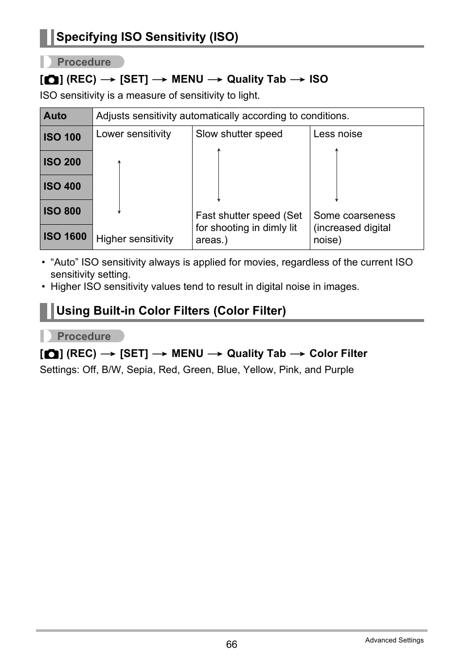 Specifying iso sensitivity (iso), Using built-in color filters (color filter), 66) must be | Casio EX-Z690 User Manual | Page 66 / 138