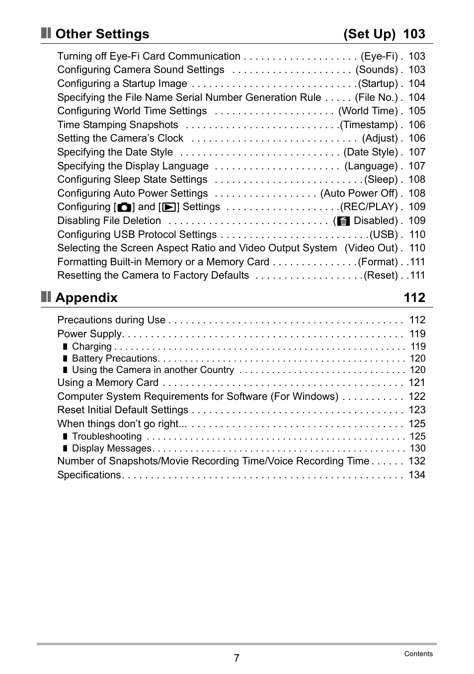 Other settings (set up) 103, Appendix 112 | Casio EX-Z690 User Manual | Page 7 / 138