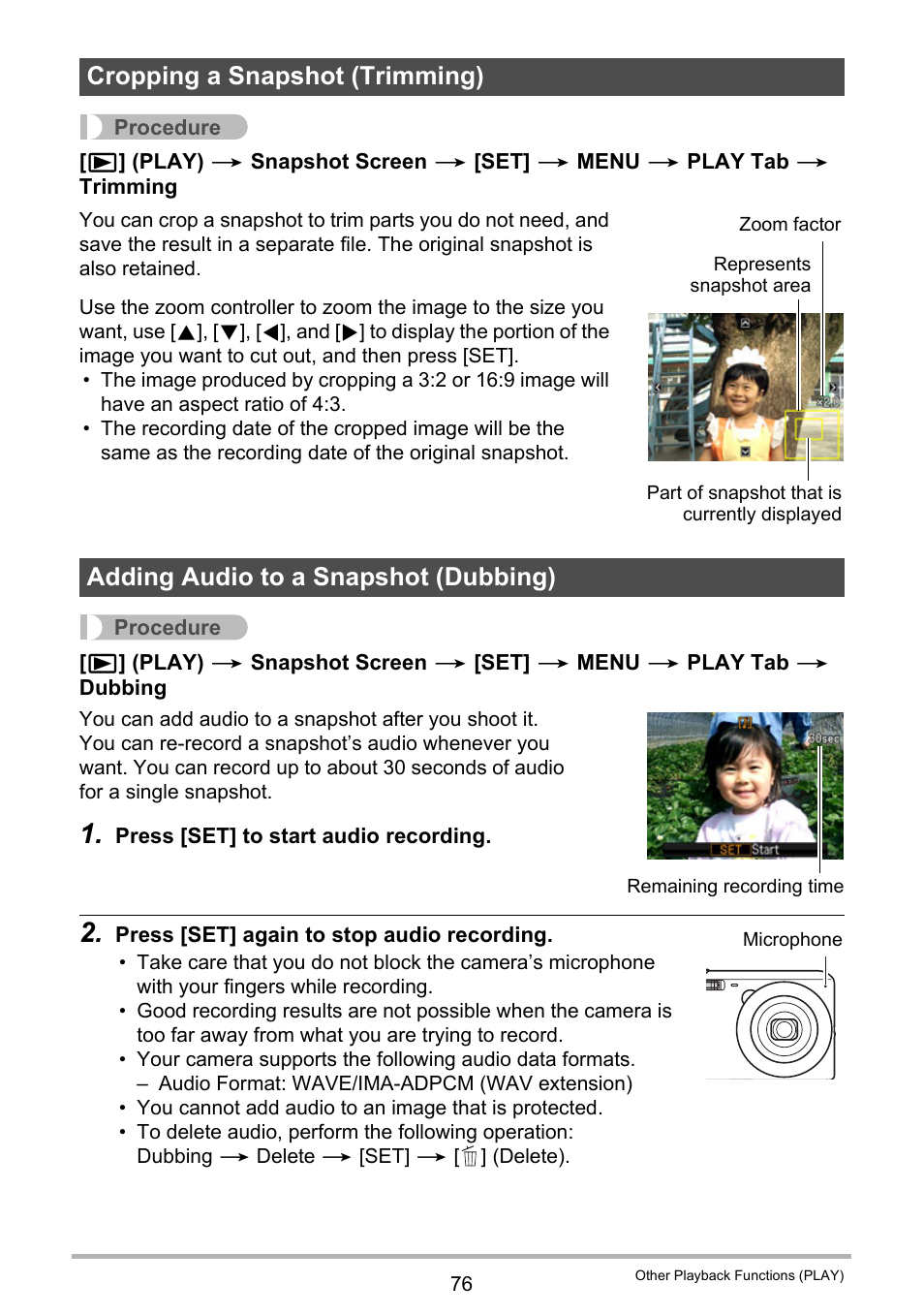 Cropping a snapshot (trimming), Adding audio to a snapshot (dubbing) | Casio EX-Z690 User Manual | Page 76 / 138