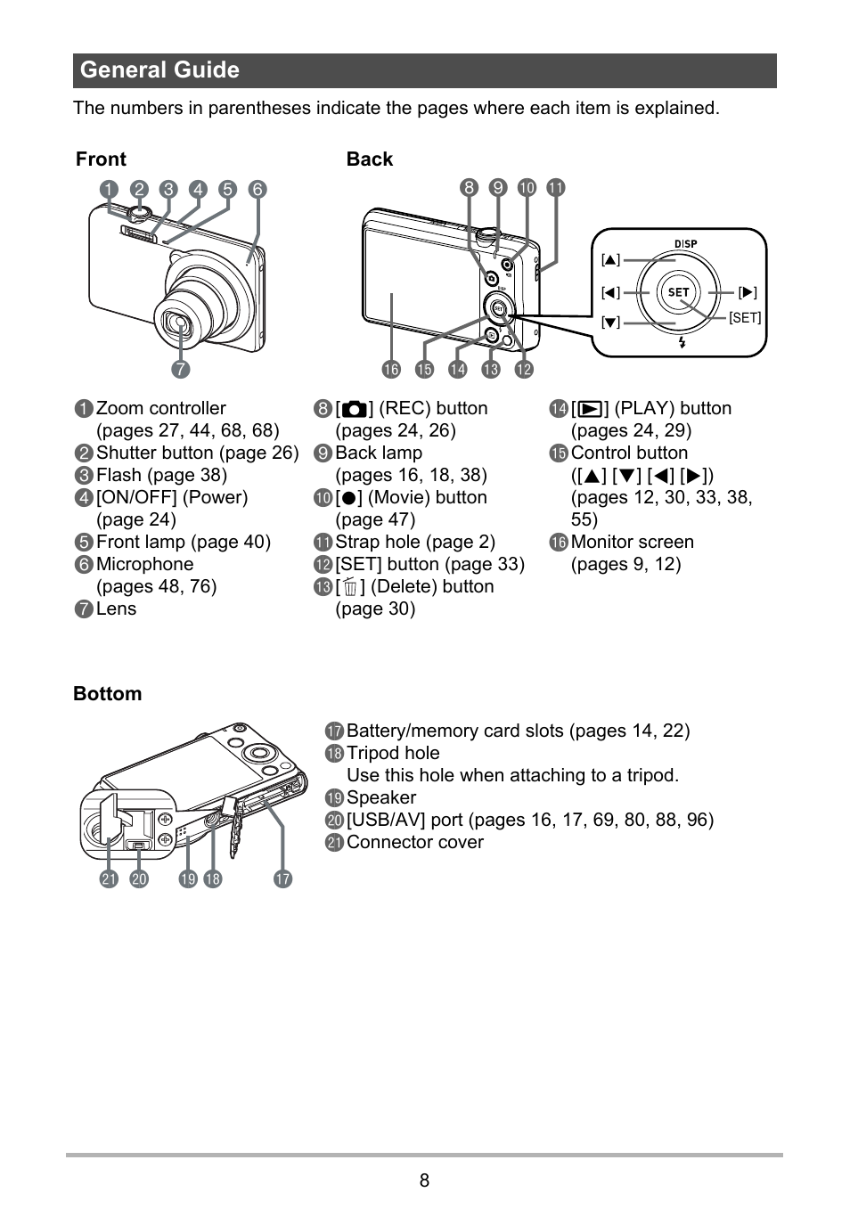 General guide, 98 bk bl bq bp bm bn bo 1, Br bs bt cl ck br | Casio EX-Z690 User Manual | Page 8 / 138