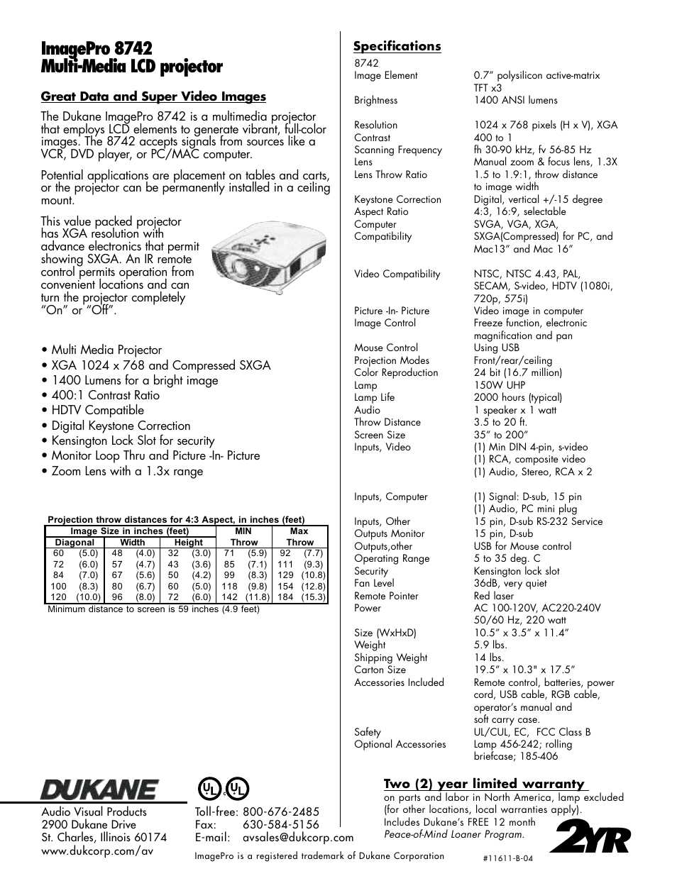 Imagepro 8742 multi-media lcd projector | Dukane ImagePro 8742 User Manual | Page 2 / 2