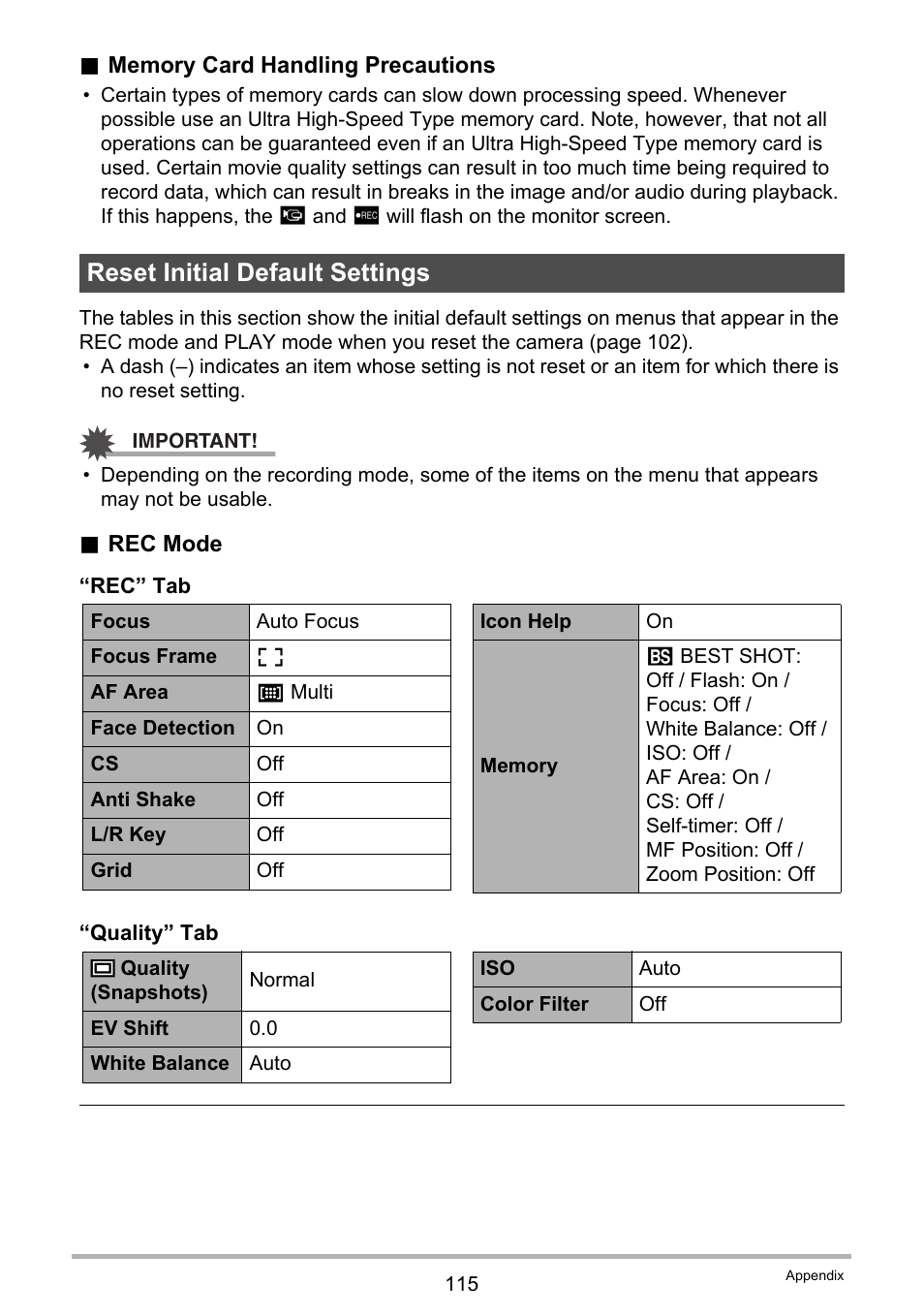 Reset initial default settings | Casio EX-Z790 User Manual | Page 115 / 130