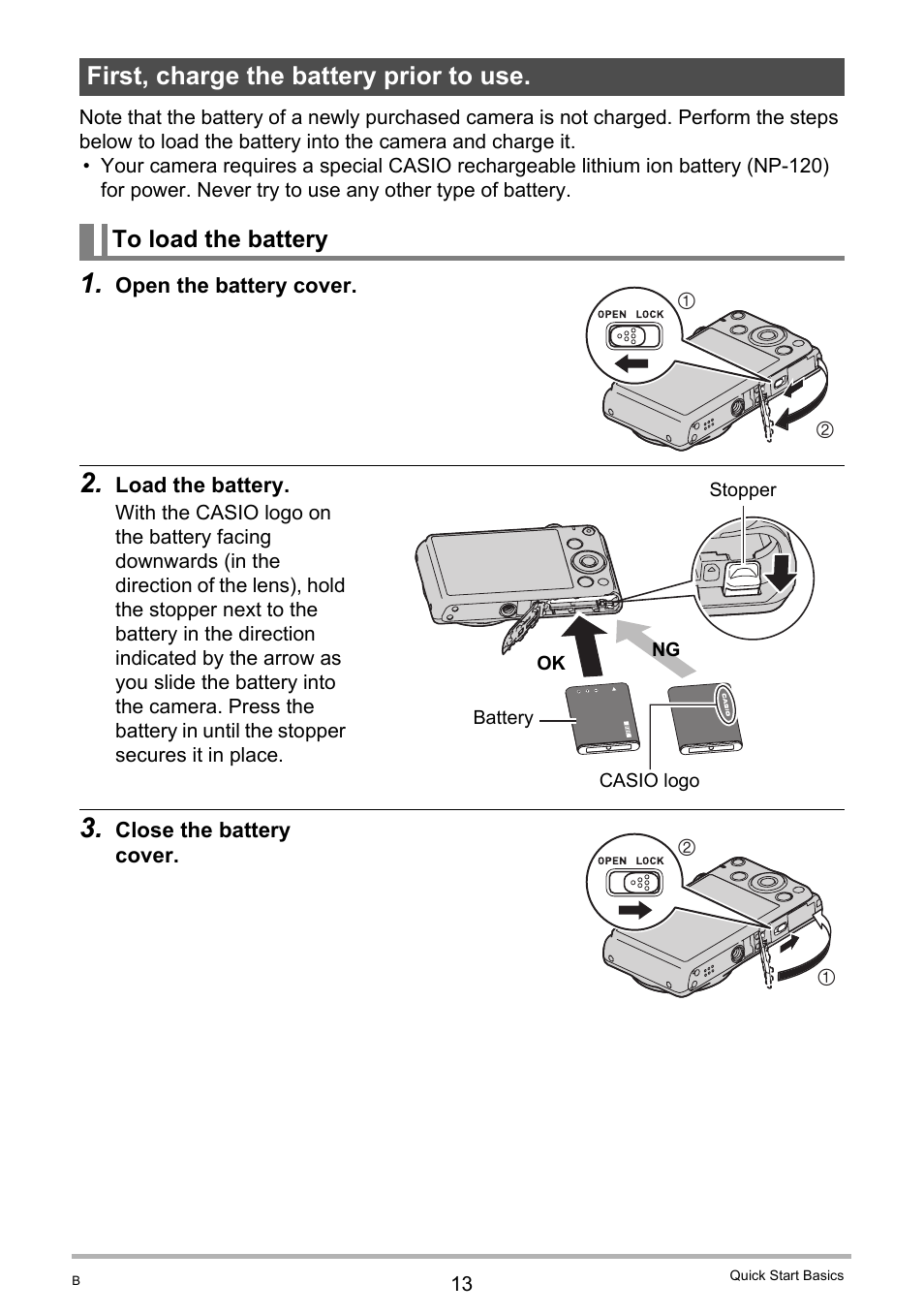 First, charge the battery prior to use, To load the battery | Casio EX-Z790 User Manual | Page 13 / 130