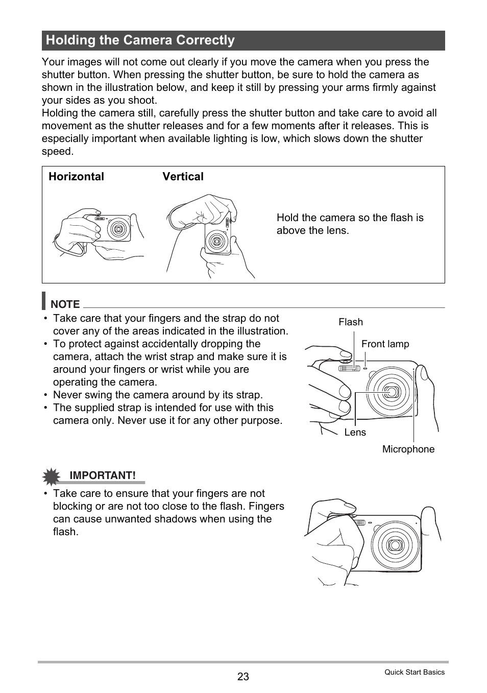 Holding the camera correctly | Casio EX-Z790 User Manual | Page 23 / 130