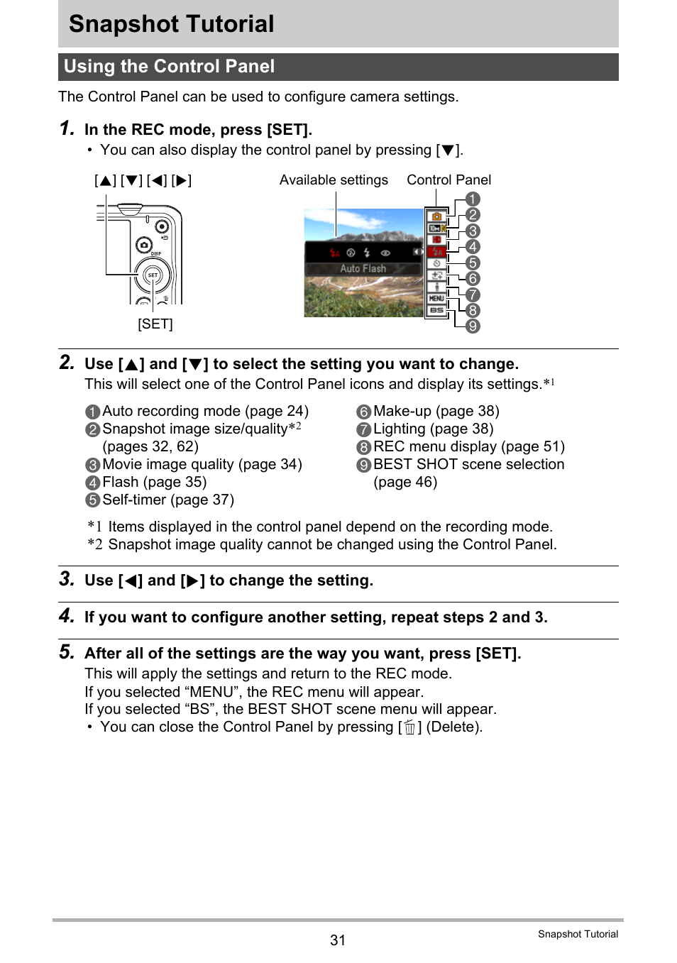 Snapshot tutorial, Using the control panel | Casio EX-Z790 User Manual | Page 31 / 130