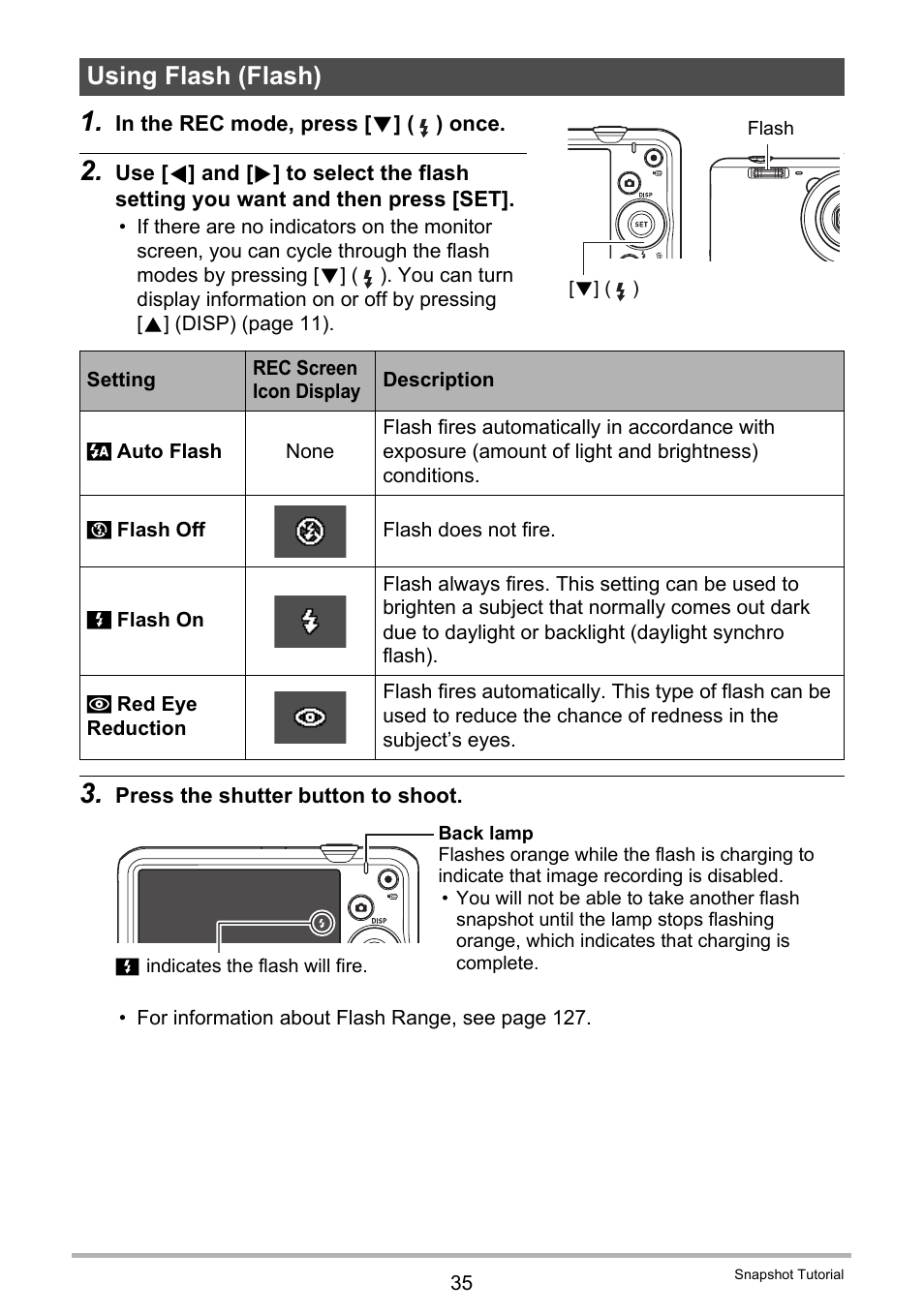 Using flash (flash) | Casio EX-Z790 User Manual | Page 35 / 130