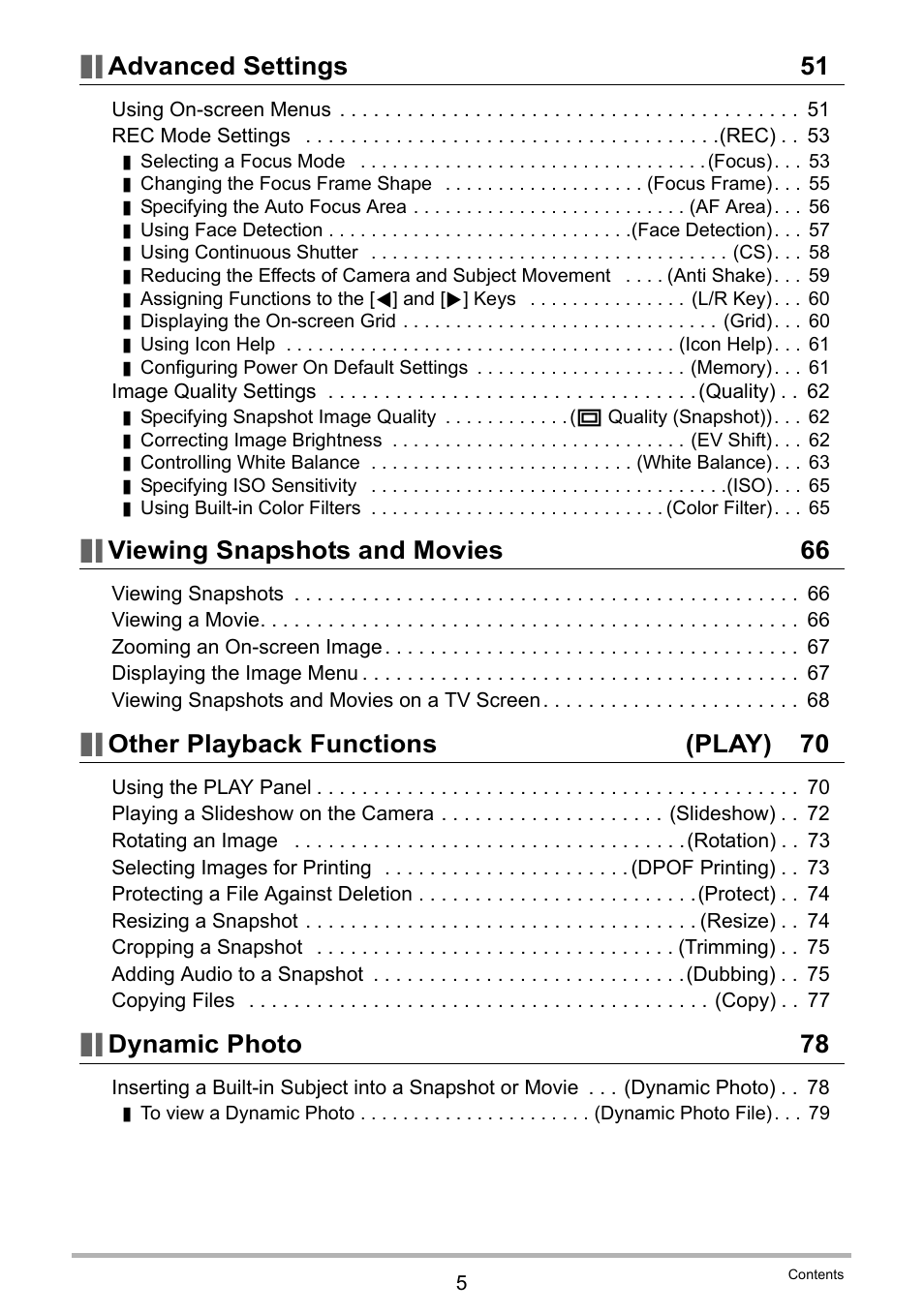 Advanced settings 51, Viewing snapshots and movies 66, Other playback functions (play) 70 | Dynamic photo 78 | Casio EX-Z790 User Manual | Page 5 / 130