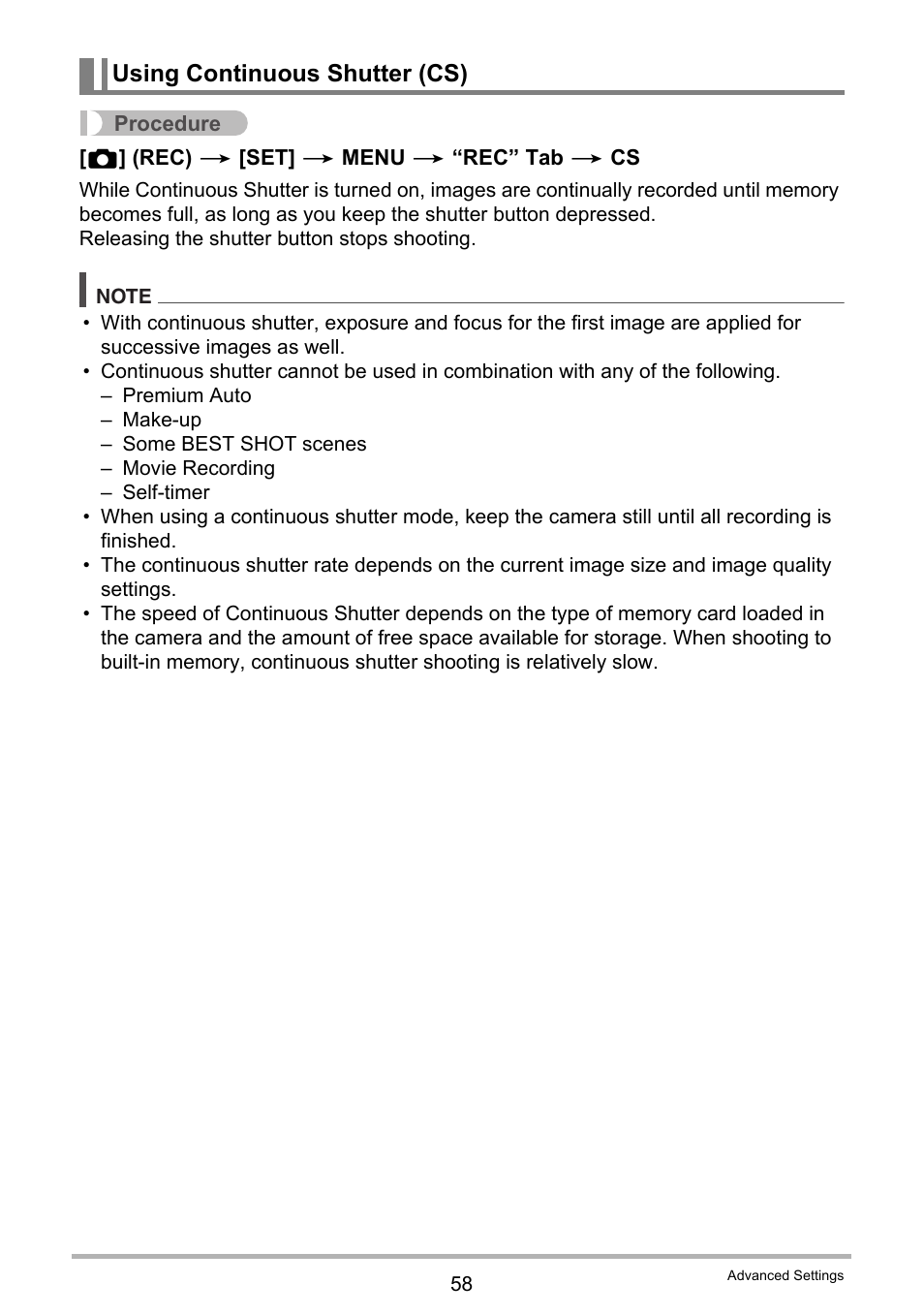 Using continuous shutter (cs) | Casio EX-Z790 User Manual | Page 58 / 130