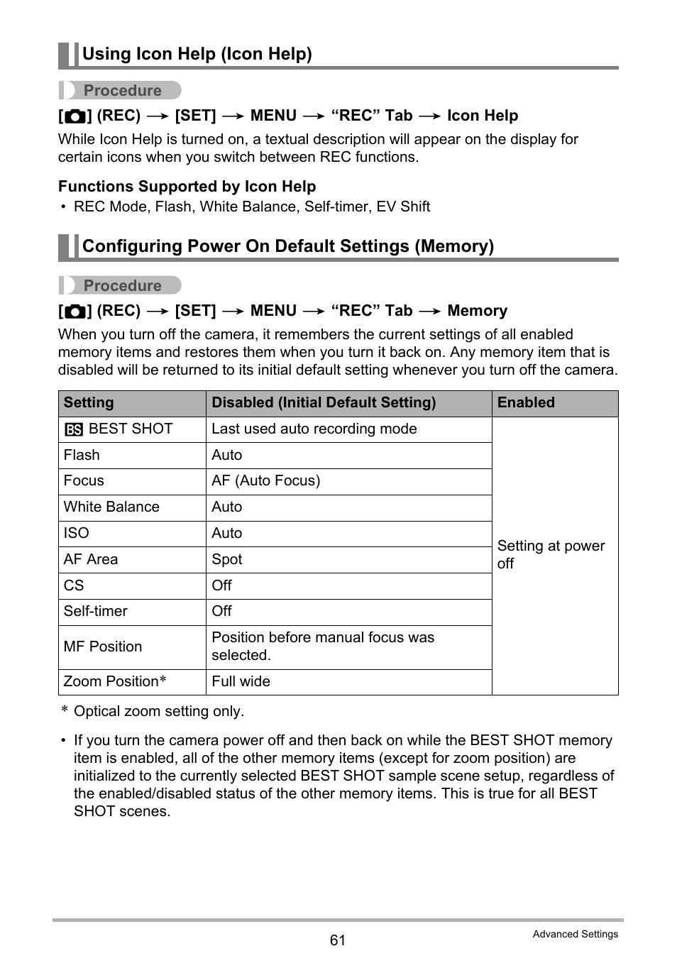 Using icon help (icon help), Configuring power on default settings (memory) | Casio EX-Z790 User Manual | Page 61 / 130