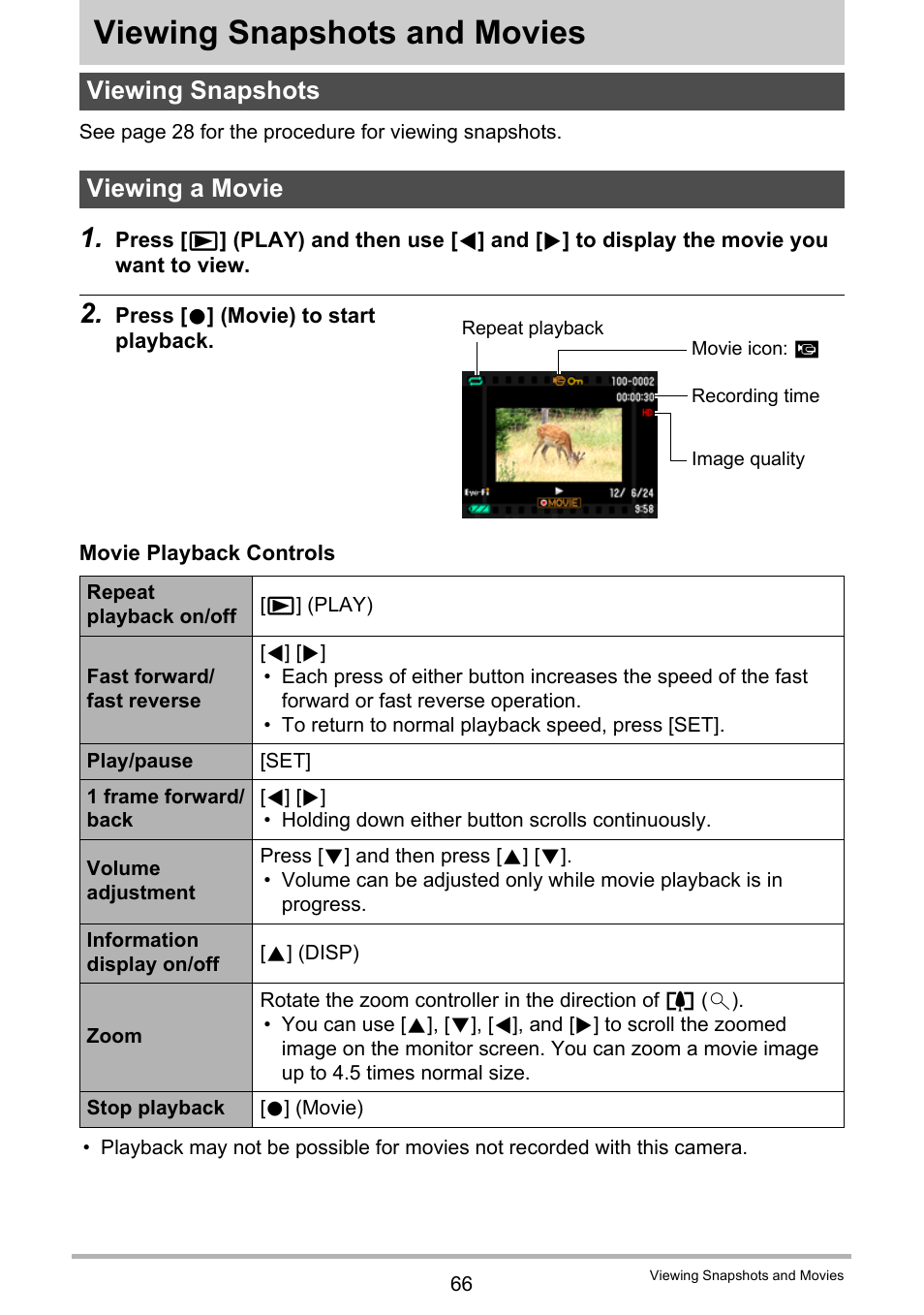 Viewing snapshots and movies, Viewing snapshots, Viewing a movie | Viewing snapshots viewing a movie, Age 66 | Casio EX-Z790 User Manual | Page 66 / 130