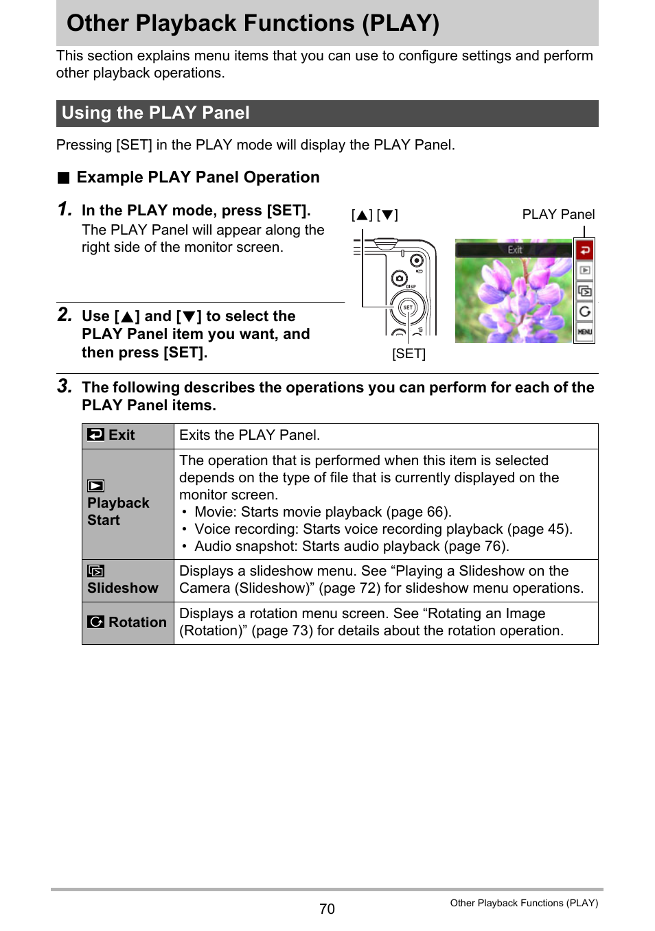 Other playback functions (play), Using the play panel, Other playback functions | Play) 70 | Casio EX-Z790 User Manual | Page 70 / 130