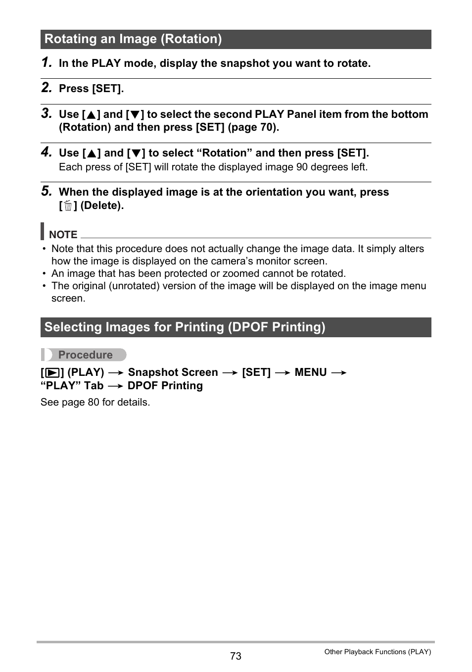 Rotating an image (rotation), Selecting images for printing (dpof printing) | Casio EX-Z790 User Manual | Page 73 / 130