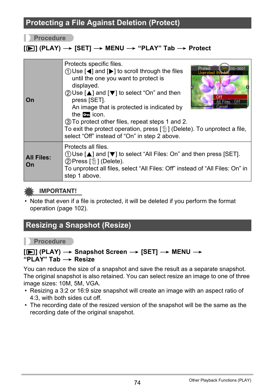 Protecting a file against deletion (protect), Resizing a snapshot (resize) | Casio EX-Z790 User Manual | Page 74 / 130