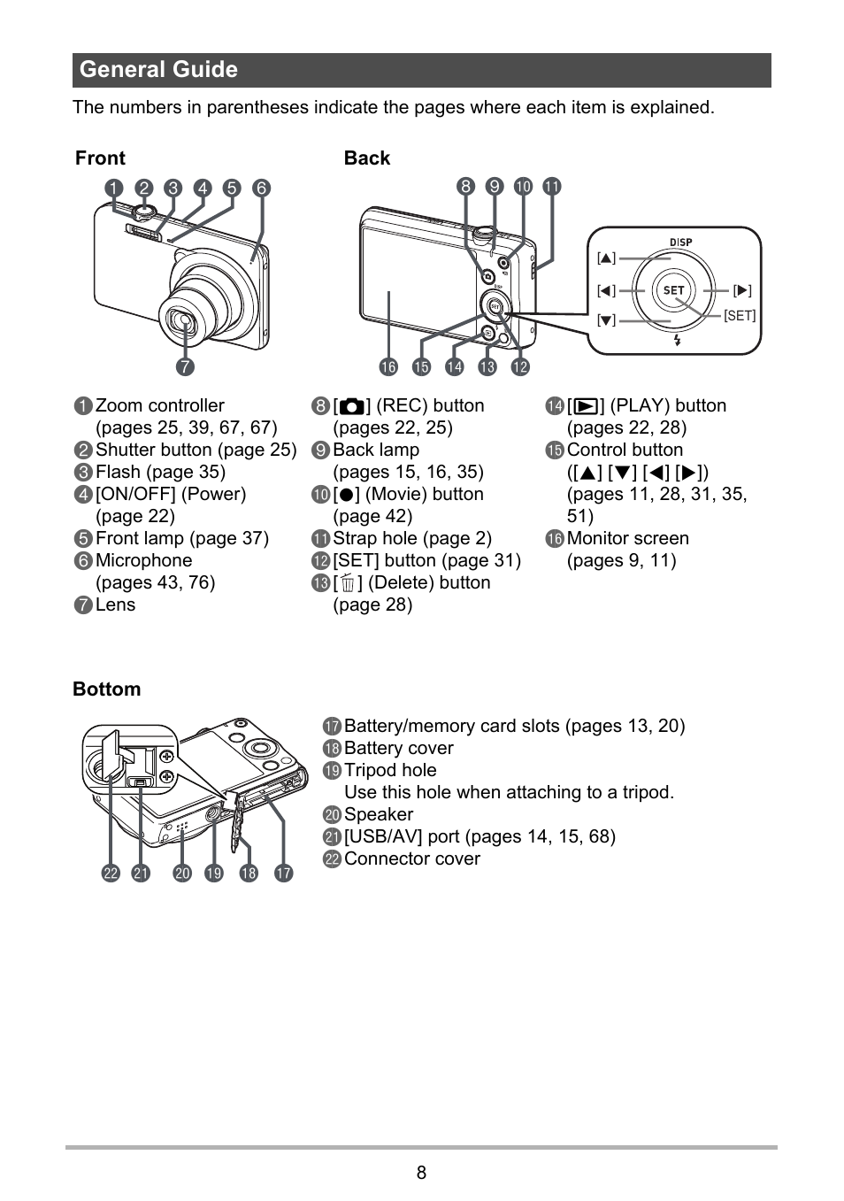 General guide, 98 bk bl bq bp bm bn bo 1, Br bt bs ck cm cl br | Casio EX-Z790 User Manual | Page 8 / 130