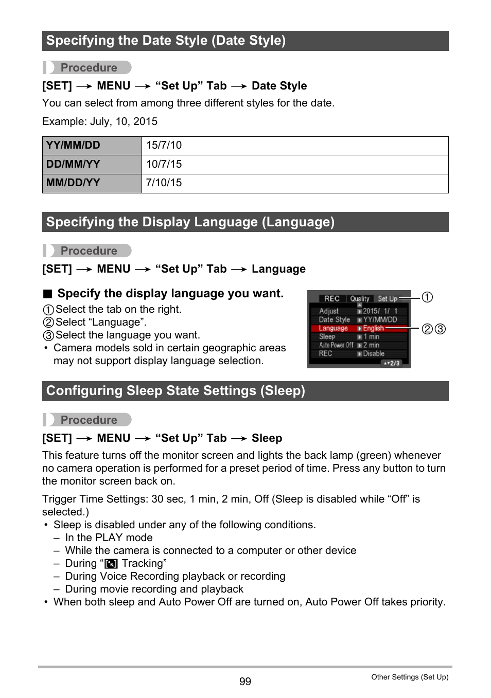 Specifying the date style (date style), Specifying the display language (language), Configuring sleep state settings (sleep) | Casio EX-Z790 User Manual | Page 99 / 130