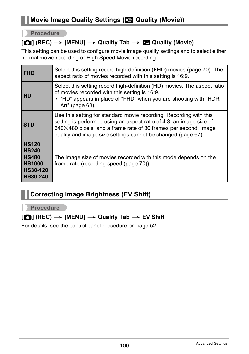 Movie image quality settings (_ quality (movie)), Correcting image brightness (ev shift), Movie image quality settings ( » quality (movie)) | Casio EX-ZR300 User Manual | Page 100 / 197