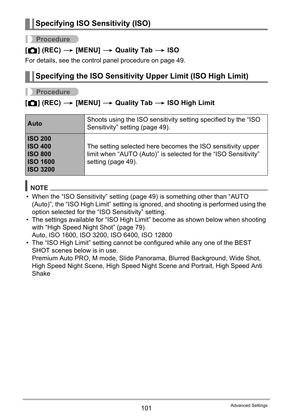 Specifying iso sensitivity (iso) | Casio EX-ZR300 User Manual | Page 101 / 197