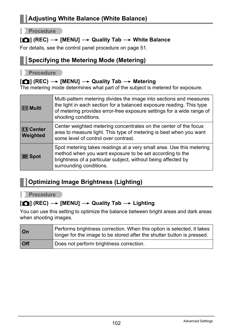 Adjusting white balance (white balance), Specifying the metering mode (metering), Optimizing image brightness (lighting) | Casio EX-ZR300 User Manual | Page 102 / 197