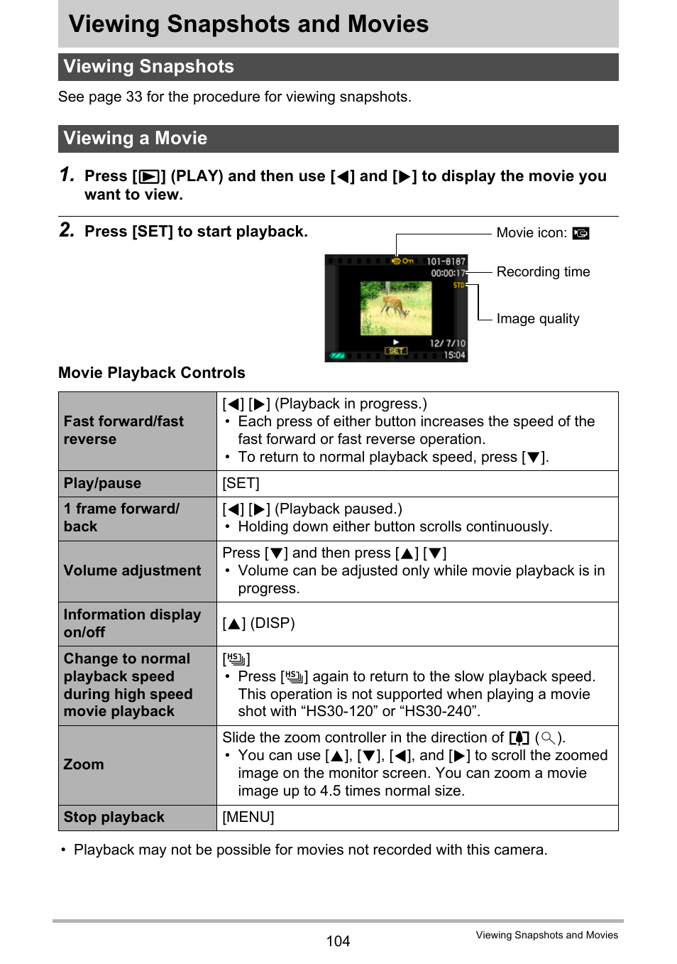 Viewing snapshots and movies, Viewing snapshots, Viewing a movie | Viewing snapshots viewing a movie, Age 104 | Casio EX-ZR300 User Manual | Page 104 / 197