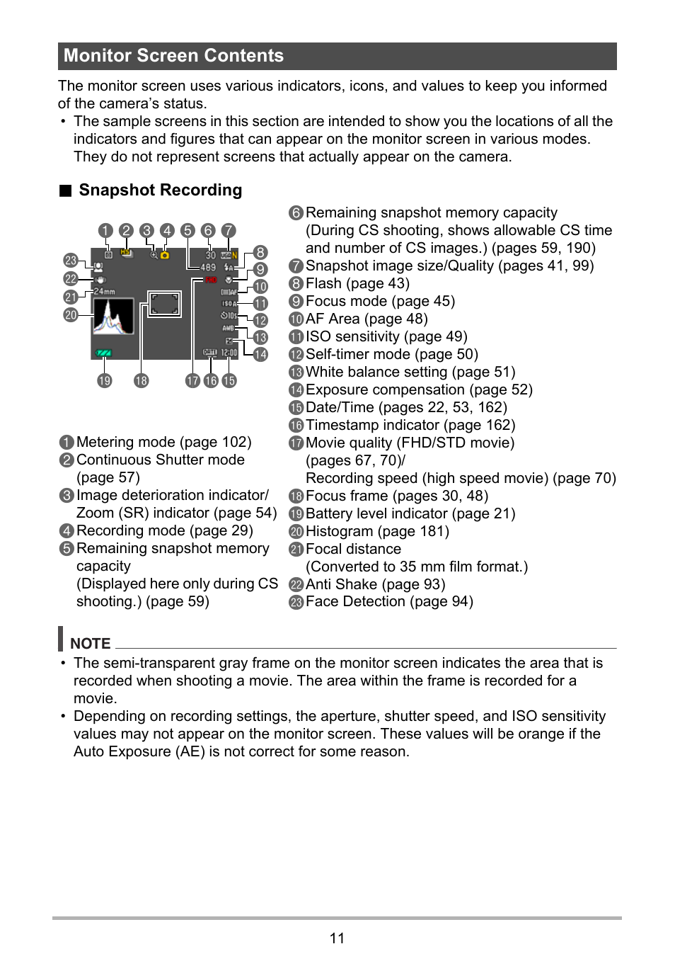 Monitor screen contents | Casio EX-ZR300 User Manual | Page 11 / 197