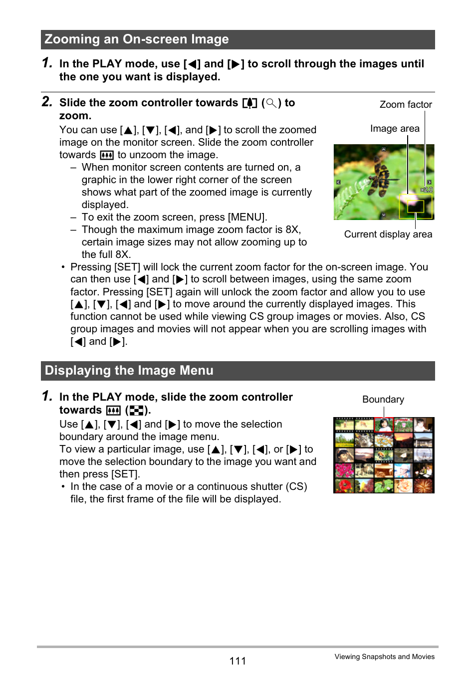 Zooming an on-screen image, Displaying the image menu, Age 111) | Casio EX-ZR300 User Manual | Page 111 / 197